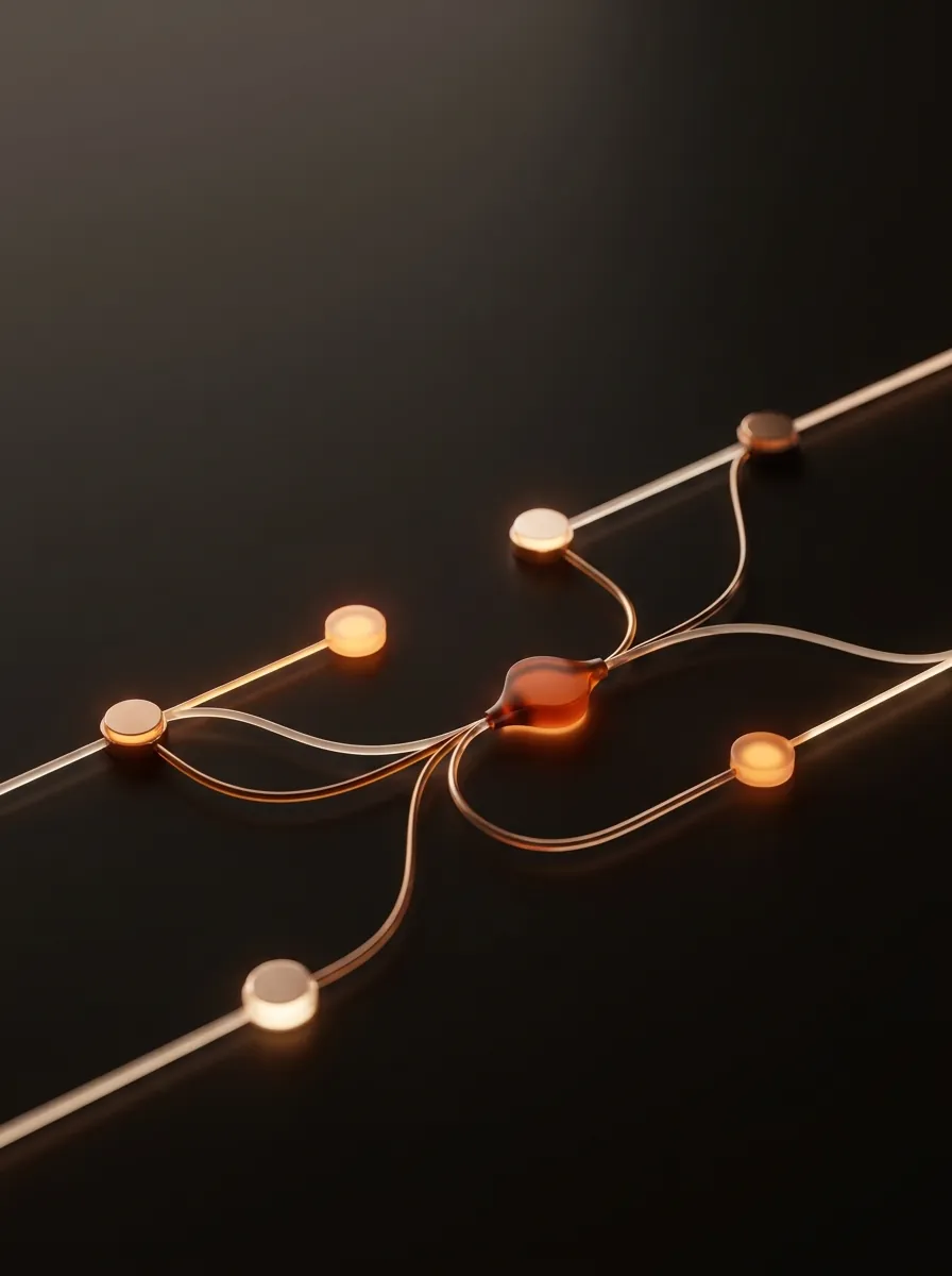 Glowing nodes linked by curved copper filaments